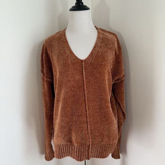 Rachel Zoe Sweater S Chenille V Neck Soft Knit Slouchy Cozy Burnt Orange Seams - Picture 1 of 9
